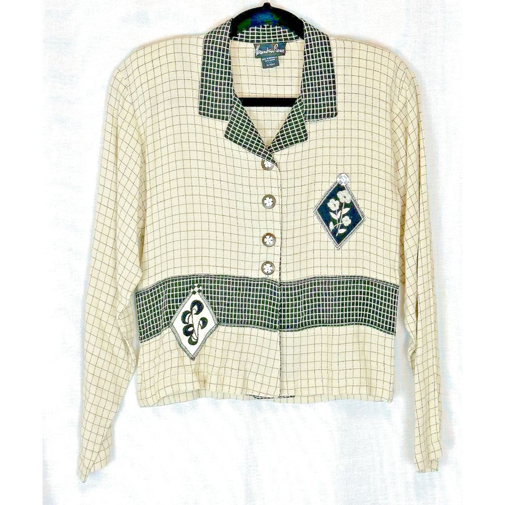 ALEXANDRIA PIERCE Women's XL Vintage Beige Black Plaid Art to Wear Blouse Jacket